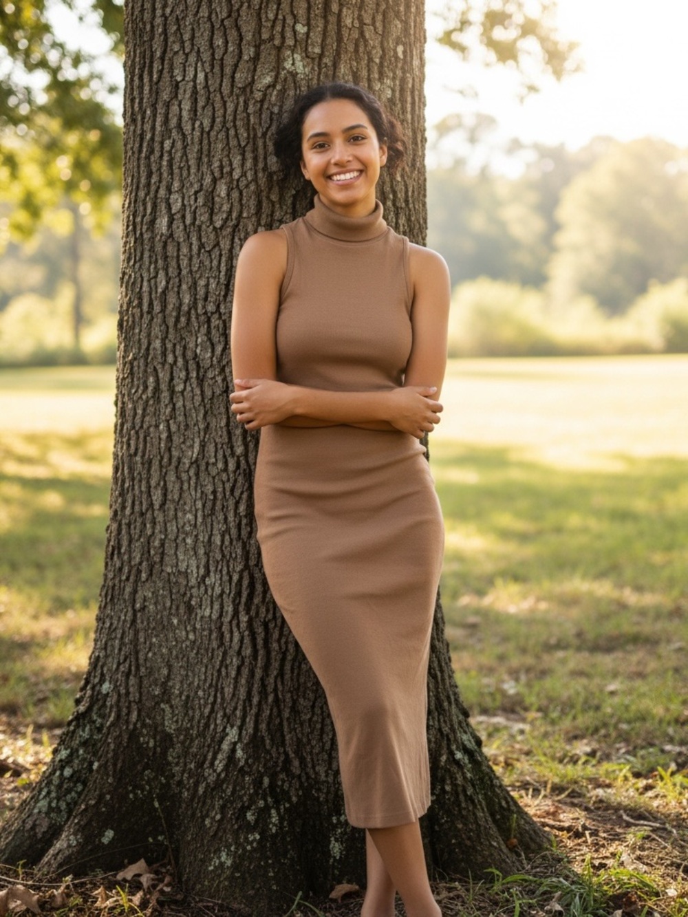 Zara Taupe Sleeveless Turtleneck Midi Dress